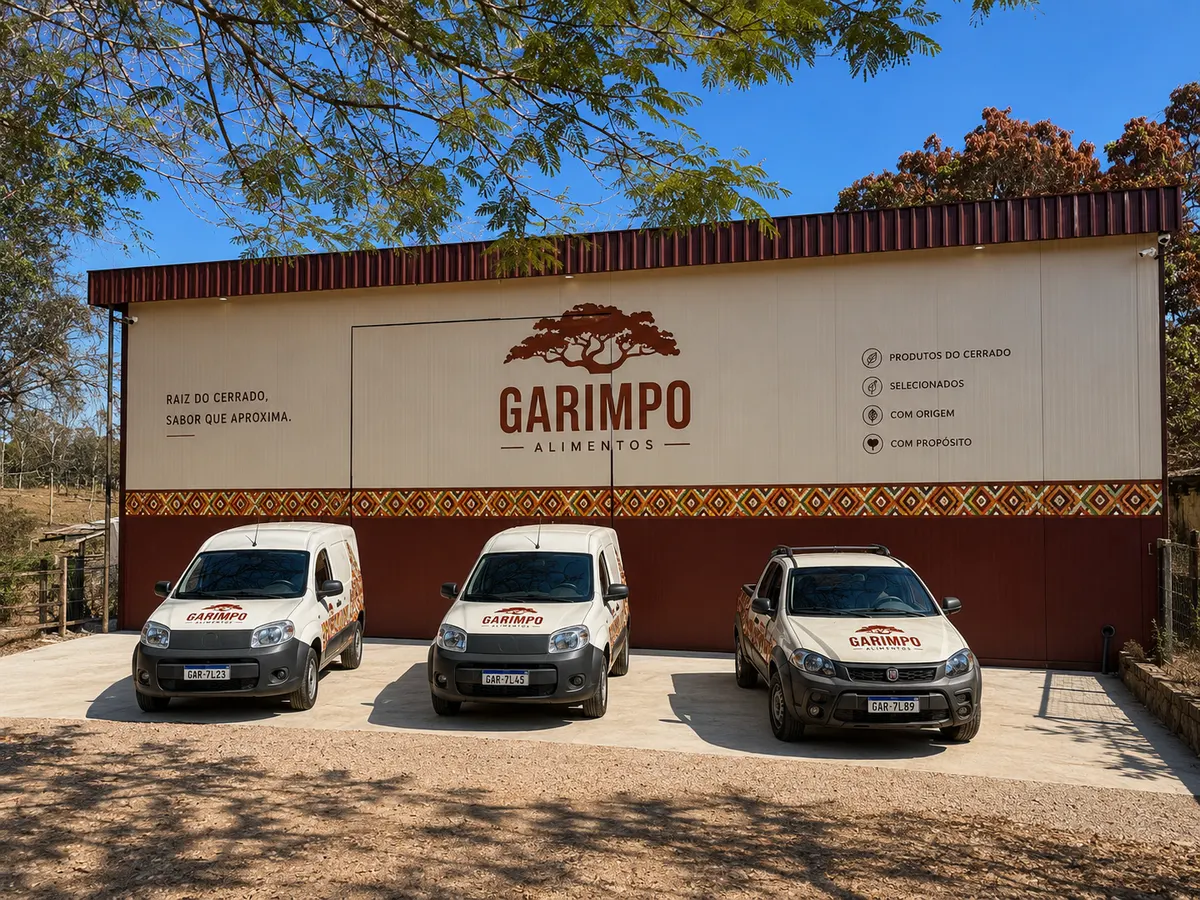 Galpão da Garimpo Alimentos em Igarapé MG com a frota de entrega